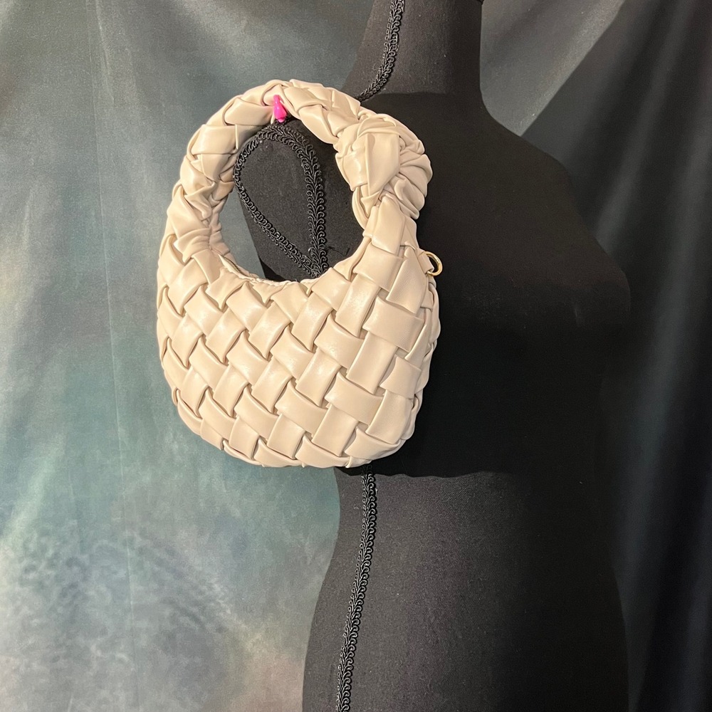 Urban Expressions Cream Woven Knot Handle Shoulder Bag Gold Chain Crossbody - Picture 8 of 12